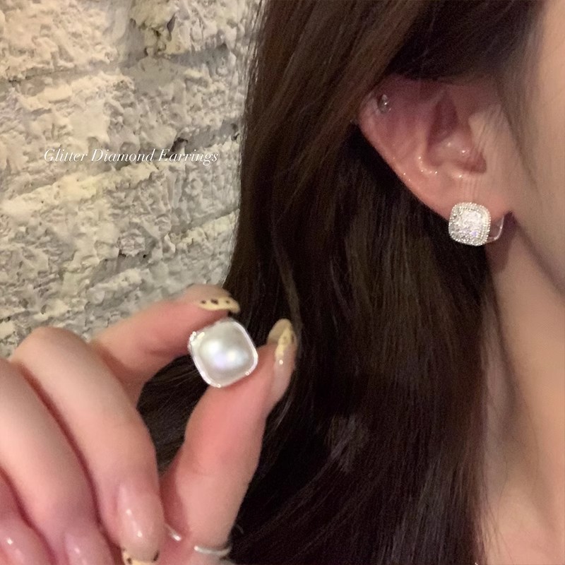 2024 Mới Vuông Thời Trang Hai Mặt Zircon Ngọc Trai Bông Tai Pháp Tinh Tế Sang Trọng Bông Tai