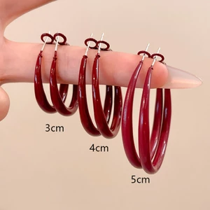 Bông tai tròn màu đỏ thời trang Retro đơn giản hình tròn lớn trang sức tai