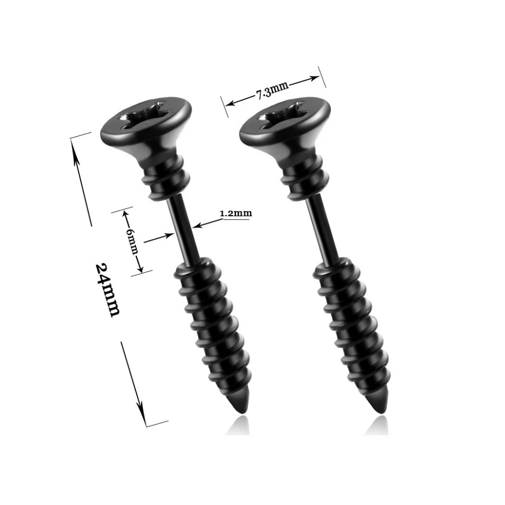 2pcs Bông tai nam vít Phillips màu đen đơn giản Bộ 12 mảnh thời trang cổ điển