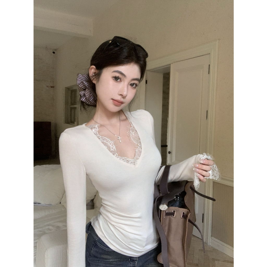【Hàng giao ngay】Áo thun dài tay ren trắng cổ chữ V gợi cảm mùa thu dành cho nữ (không có miếng đệm ngực)