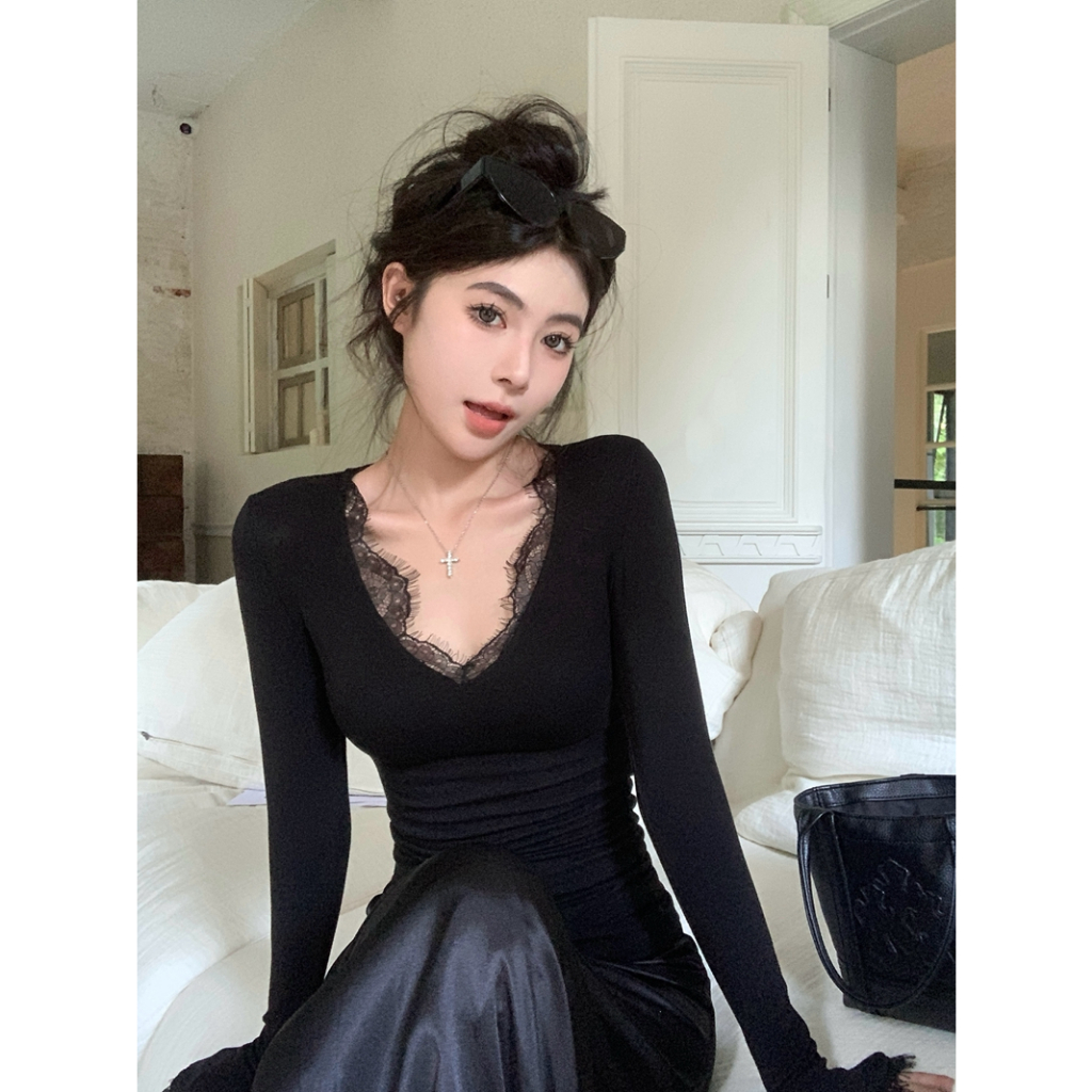 【Hàng giao ngay】Áo thun dài tay ren trắng cổ chữ V gợi cảm mùa thu dành cho nữ (không có miếng đệm ngực)