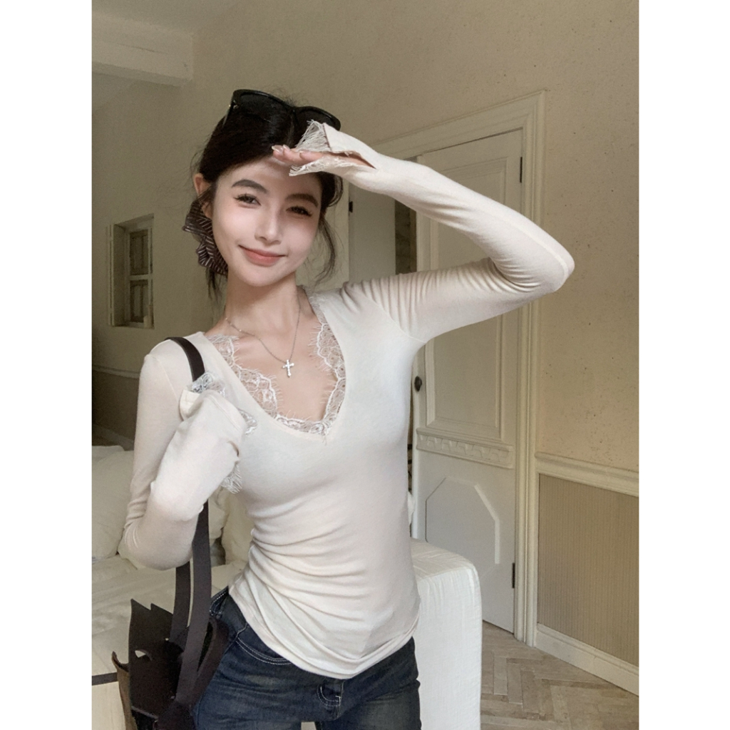 【Hàng giao ngay】Áo thun dài tay ren trắng cổ chữ V gợi cảm mùa thu dành cho nữ (không có miếng đệm ngực)