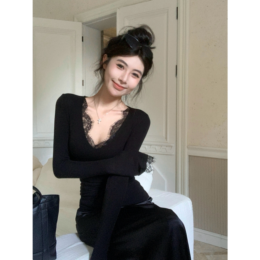 【Hàng giao ngay】Áo thun dài tay ren trắng cổ chữ V gợi cảm mùa thu dành cho nữ (không có miếng đệm ngực)