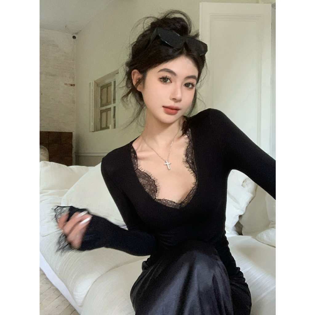 【Hàng giao ngay】Áo thun dài tay ren trắng cổ chữ V gợi cảm mùa thu dành cho nữ (không có miếng đệm ngực)