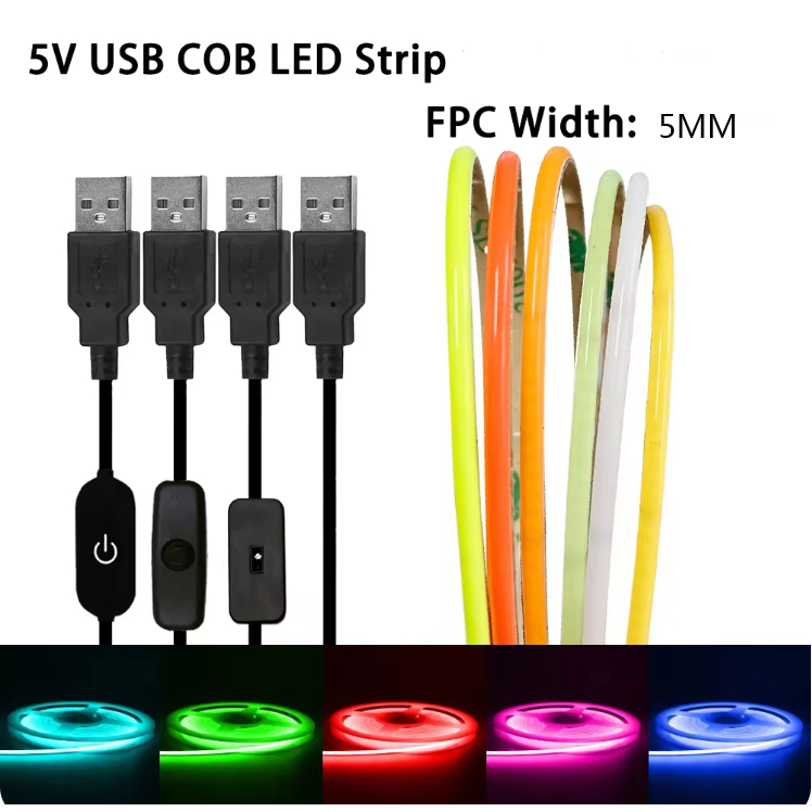 5v USB siêu mỏng 5mm FPCB Chiều rộng 5mm Dải đèn LED COB 5mm Mật độ cao ...