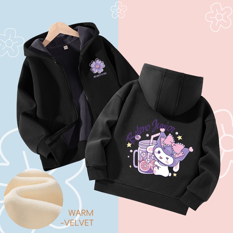 W.G.Q Áo Hoodie bé gái, Áo khoác có dây kéo, Lớp lót lông cừu phong cách dày dặn với in Kuromi
