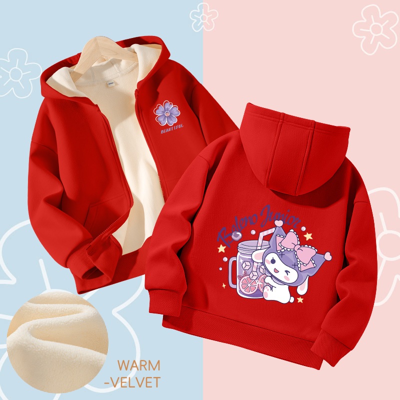 W.G.Q Áo Hoodie bé gái, Áo khoác có dây kéo, Lớp lót lông cừu phong cách dày dặn với in Kuromi
