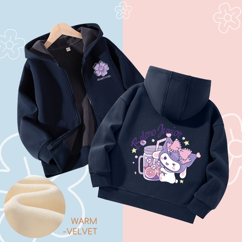 W.G.Q Áo Hoodie bé gái, Áo khoác có dây kéo, Lớp lót lông cừu phong cách dày dặn với in Kuromi