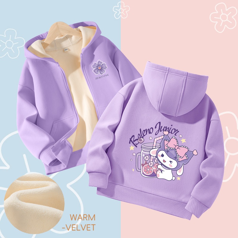 W.G.Q Áo Hoodie bé gái, Áo khoác có dây kéo, Lớp lót lông cừu phong cách dày dặn với in Kuromi