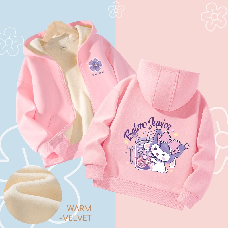 W.G.Q Áo Hoodie bé gái, Áo khoác có dây kéo, Lớp lót lông cừu phong cách dày dặn với in Kuromi