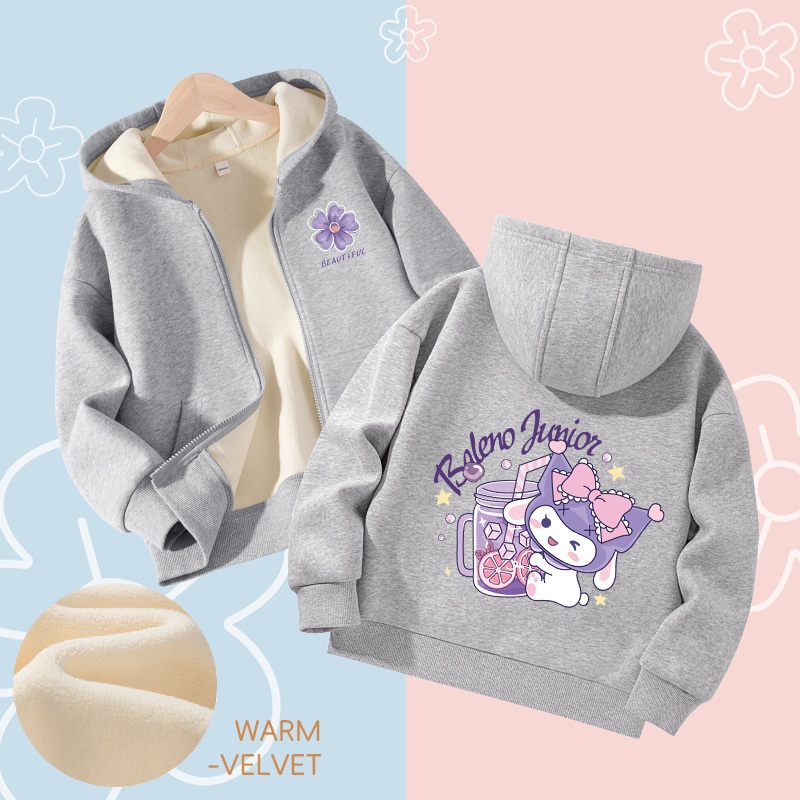 W.G.Q Áo Hoodie bé gái, Áo khoác có dây kéo, Lớp lót lông cừu phong cách dày dặn với in Kuromi