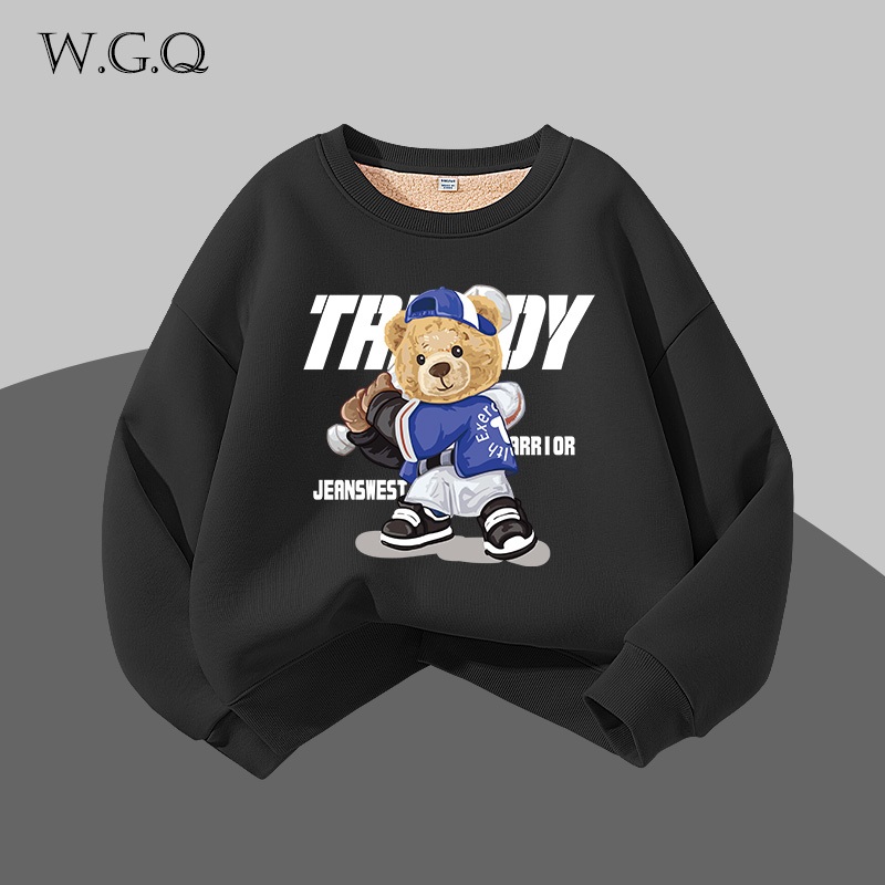 W.G.Q Áo Sweater bé trai , Lớp lót lông cừu phong cách thu đông dày dặn, màu trơn in hợp thời trang