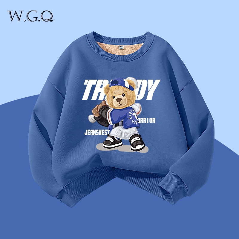 W.G.Q Áo Sweater bé trai , Lớp lót lông cừu phong cách thu đông dày dặn, màu trơn in hợp thời trang