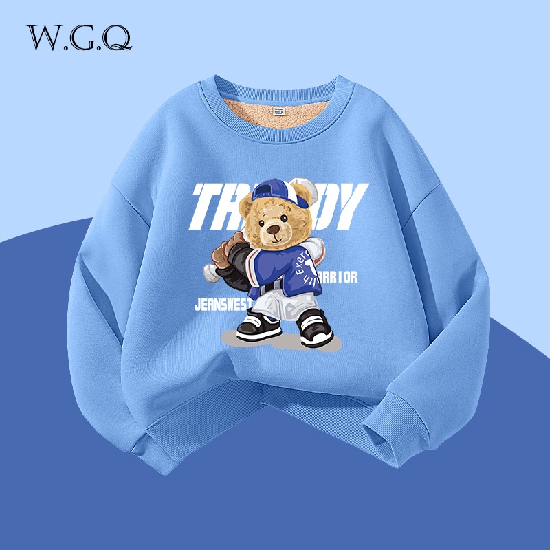 W.G.Q Áo Sweater bé trai , Lớp lót lông cừu phong cách thu đông dày dặn, màu trơn in hợp thời trang