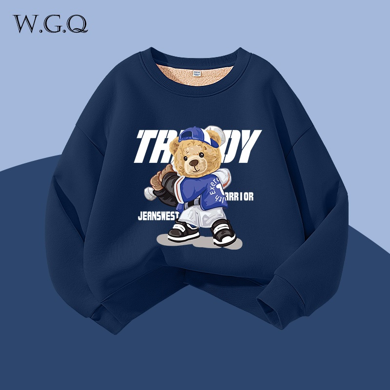 W.G.Q Áo Sweater bé trai , Lớp lót lông cừu phong cách thu đông dày dặn, màu trơn in hợp thời trang