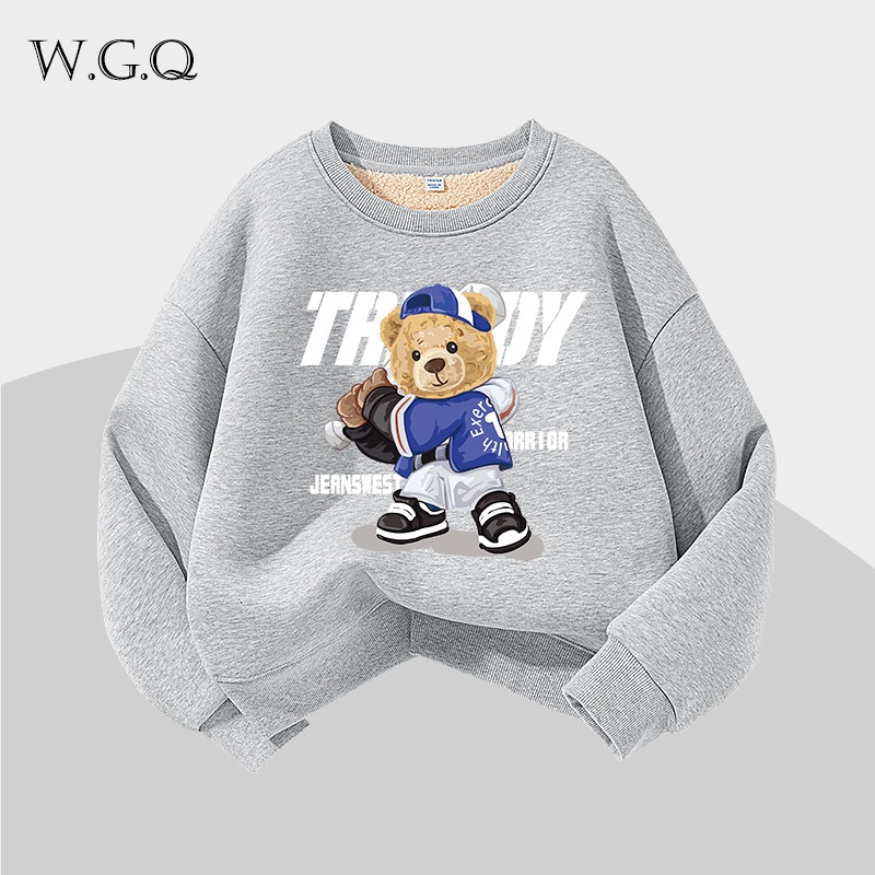 W.G.Q Áo Sweater bé trai , Lớp lót lông cừu phong cách thu đông dày dặn, màu trơn in hợp thời trang