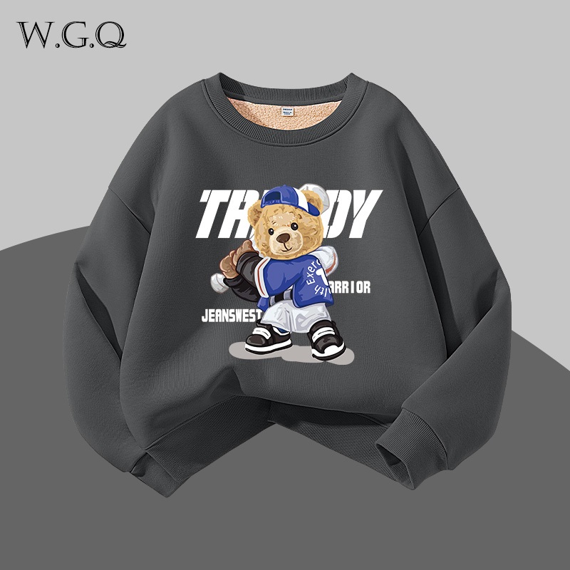 W.G.Q Áo Sweater bé trai , Lớp lót lông cừu phong cách thu đông dày dặn, màu trơn in hợp thời trang