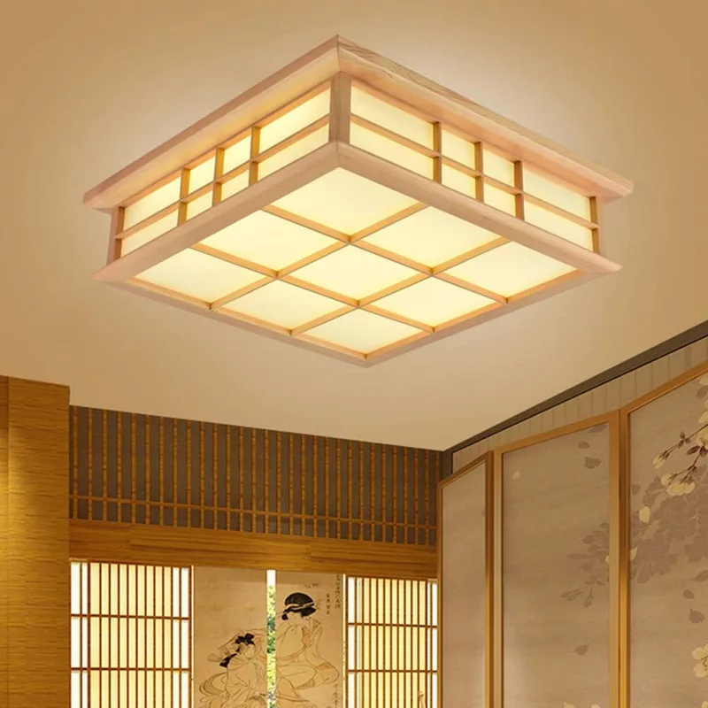 Đèn trần LED bằng gỗ tự nhiên cổ điển, Đèn chùm vuông Nhật Bản, Phòng ngủ Phòng trà Trang trại Trang trí nội thất Treo đèn chiếu sáng — ảnh 1