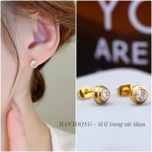 Khuyên tai titan không gỉ mạ vàng 18k thiết kế đá tròn lấp lánh phong cách thanh lịch dành cho nữ