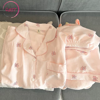 QHST Bộ Đồ Ngủ Nữ Nơ Màu Hồng Mây Cotton Satin Quần Short Tay Ngắn Nhập Khẩu