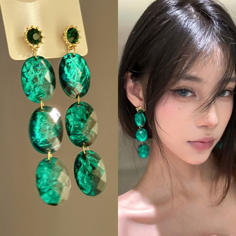 Bông tai hình học kim cương acrylic ngọc lục bảo bạc kim cương Châu Âu và Hoa Kỳ dài khí chất cao cấp Bông tai nữ bán buôn