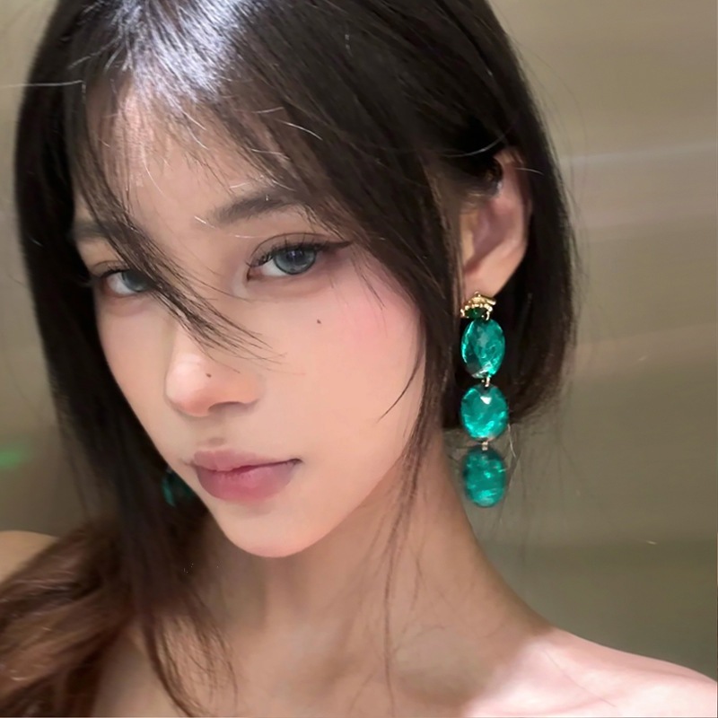 Bông tai hình học kim cương acrylic ngọc lục bảo bạc kim cương Châu Âu và Hoa Kỳ dài khí chất cao cấp Bông tai nữ bán buôn