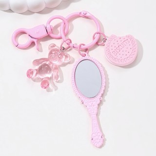Dễ Thương Màu Hồng Acrylic Gấu Cookie Nơ Gương Men Động Vật Đáng Yêu Món Tráng Miệng Móc Khóa Cho Nữ Bé Gái Quà Tặng