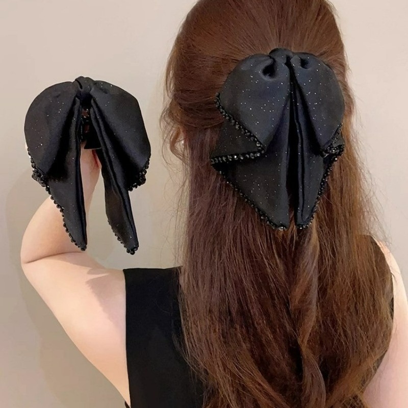 Đôi kẹp tóc đuôi ngựa satin đen, phong cách Hàn Quốc