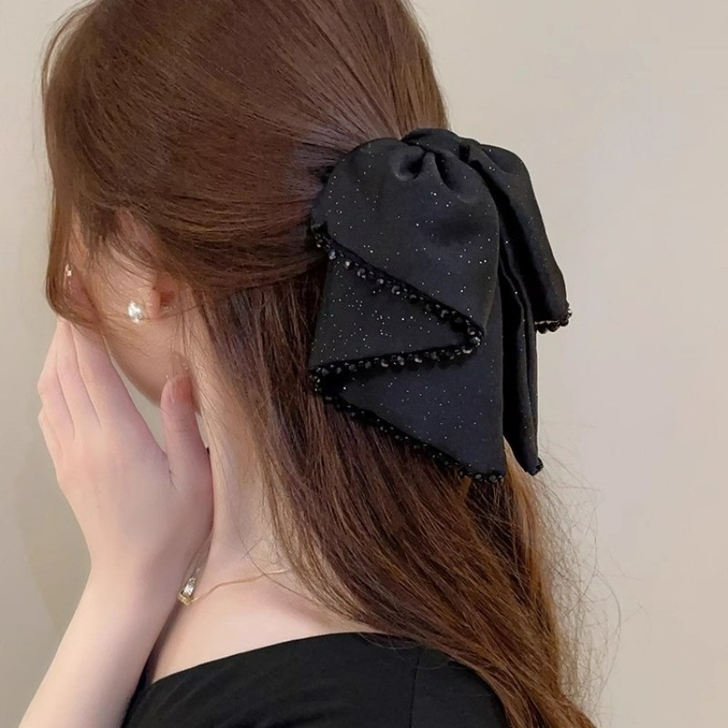 Đôi kẹp tóc đuôi ngựa satin đen, phong cách Hàn Quốc