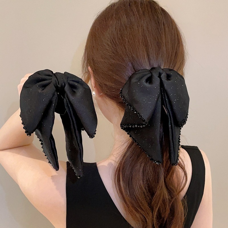 Đôi kẹp tóc đuôi ngựa satin đen, phong cách Hàn Quốc