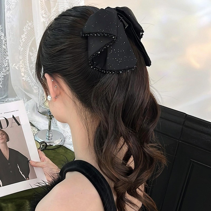Đôi kẹp tóc đuôi ngựa satin đen, phong cách Hàn Quốc