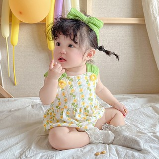 Bộ áo liền quần sơ sinh bé gái in hoa hướng dương mùa hè - Bộ áo liền quần ngắn tay cho bé gái Váy liền quần trẻ sơ sinh (0-24 tháng)