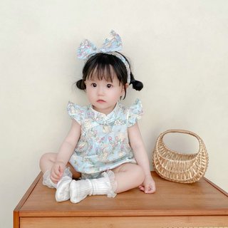 Bộ đồ liền thân cho bé gái sơ sinh Bộ áo liền quần thỏ xanh hoạt hình - Onesie ngắn tay mùa hè cho bé gái (0-24 tháng)
