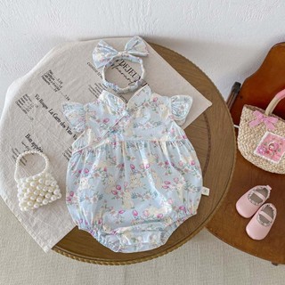 Bộ đồ liền thân cho bé gái sơ sinh Bộ áo liền quần thỏ xanh hoạt hình - Onesie ngắn tay mùa hè cho bé gái (0-24 tháng)