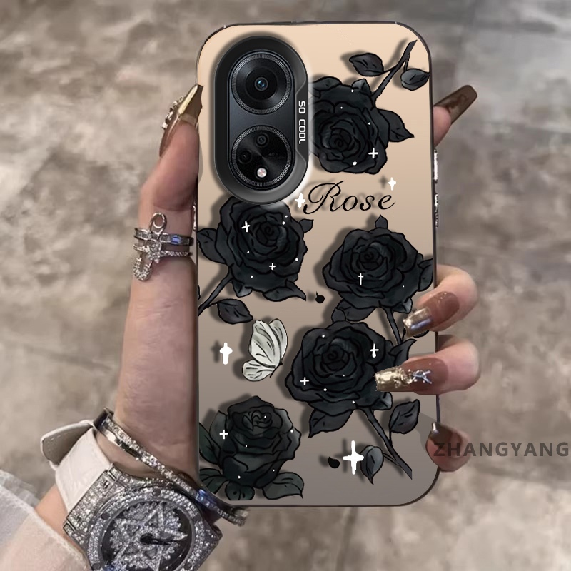 Ốp Lưng Cho OPPO A98 5G A97 5G Chất Liệu Silicon Mờ Chống Rơi Vỏ Điện Thoại Thẩm Mỹ Hoa Hồng Đen Họa Tiết Thiết Kế Mới TPU Mềm