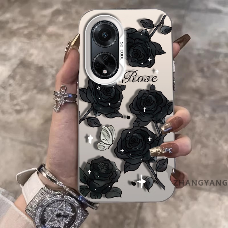 Ốp Lưng Cho OPPO A98 5G A97 5G Chất Liệu Silicon Mờ Chống Rơi Vỏ Điện Thoại Thẩm Mỹ Hoa Hồng Đen Họa Tiết Thiết Kế Mới TPU Mềm