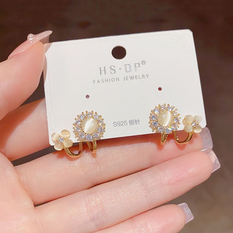 Bông tai hoa mắt mèo cao cấp dành cho nữ siêu lấp lánh tinh tế zircon đinh tán tai