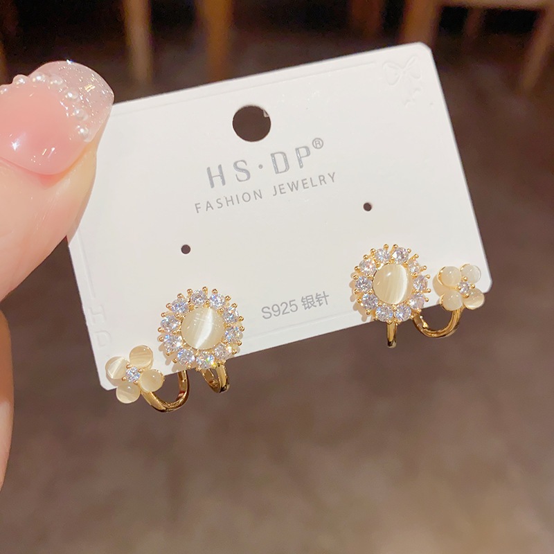 Bông tai hoa mắt mèo cao cấp dành cho nữ siêu lấp lánh tinh tế zircon đinh tán tai
