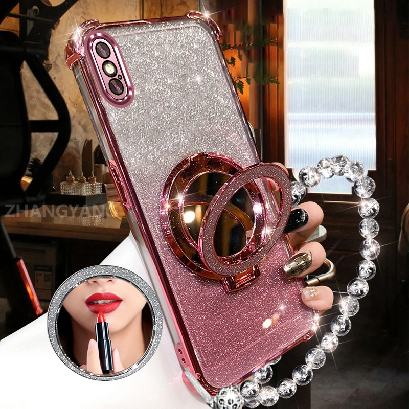 Ốp Lưng Cho iPhone X Xs Xr Xs Max Bột Lấp Lánh Bốn Góc Chống Rơi Ốp Lưng Điện Thoại Thẩm Mỹ Gương Trang Điểm Thiết Kế Mới TPU Mềm