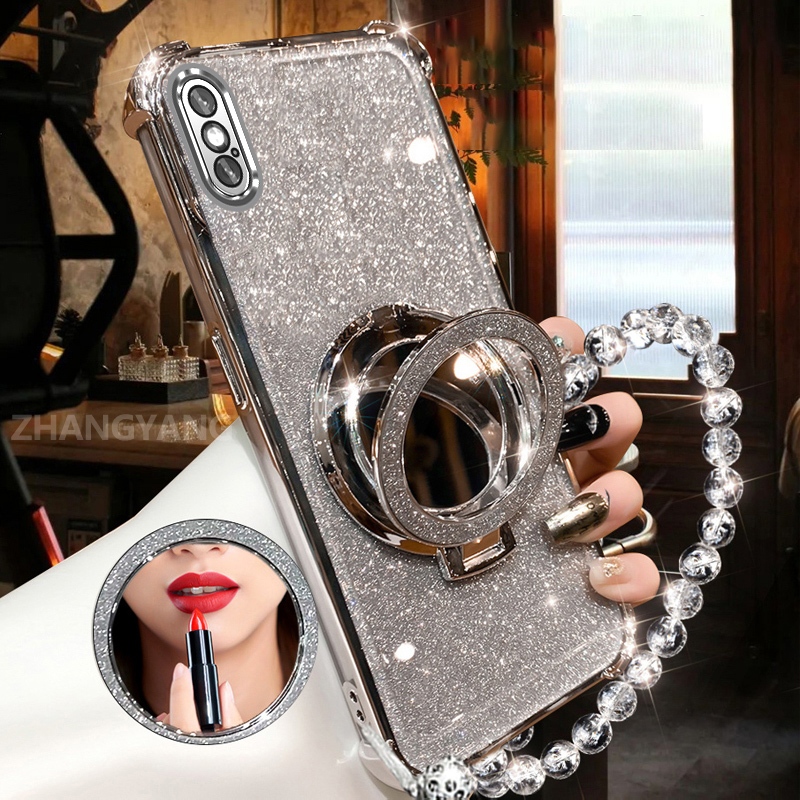 Ốp Lưng Cho iPhone X Xs Xr Xs Max Bột Lấp Lánh Bốn Góc Chống Rơi Ốp Lưng Điện Thoại Thẩm Mỹ Gương Trang Điểm Thiết Kế Mới TPU Mềm