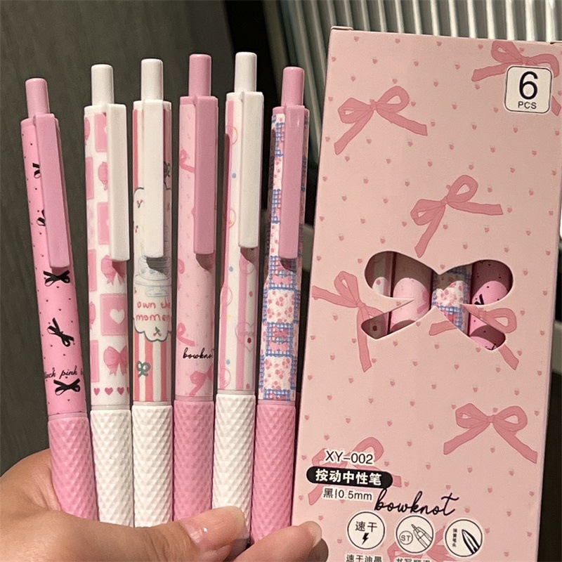 6 Cái / bộ Bút gel Nơ Màu Hồng ST Nhanh Khô 0.5 Mm Bút Trung Tính Đen Sinh Viên Hoạt Hình In Bút