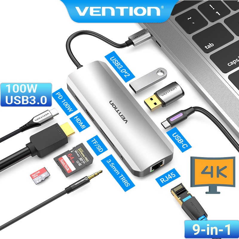 Hub USB C Vention Bộ chuyển đổi PD 100W 9 trong 1 type C VENTION với 4K HDMI 3 USB 3.0 Gigabit RJ45 Ethernet thích hợp cho Hub Huawei Matebook/Dell/Samsung