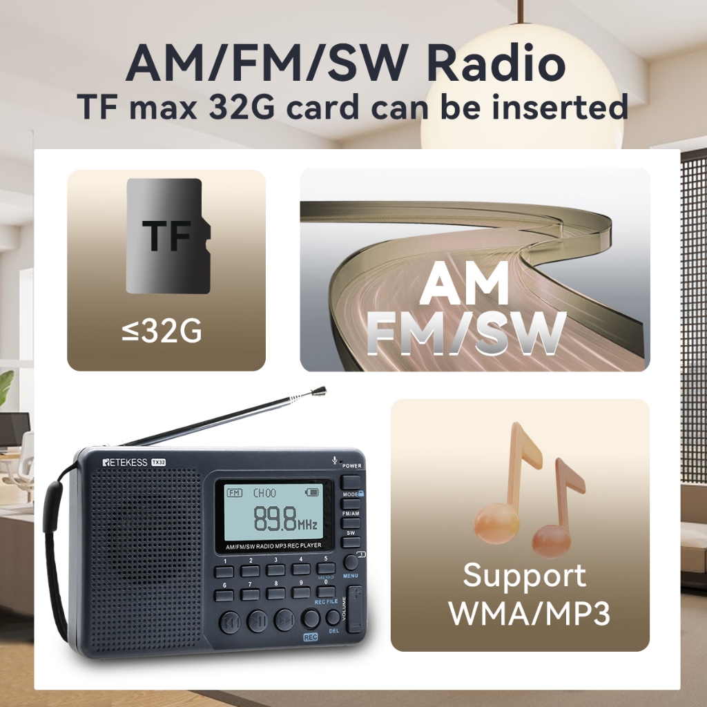 Ảnh Retekess TX32 Đài phát thanh di động FM AM SW Radio Chức năng hẹn giờ ngủ đa ngôn ngữ 2