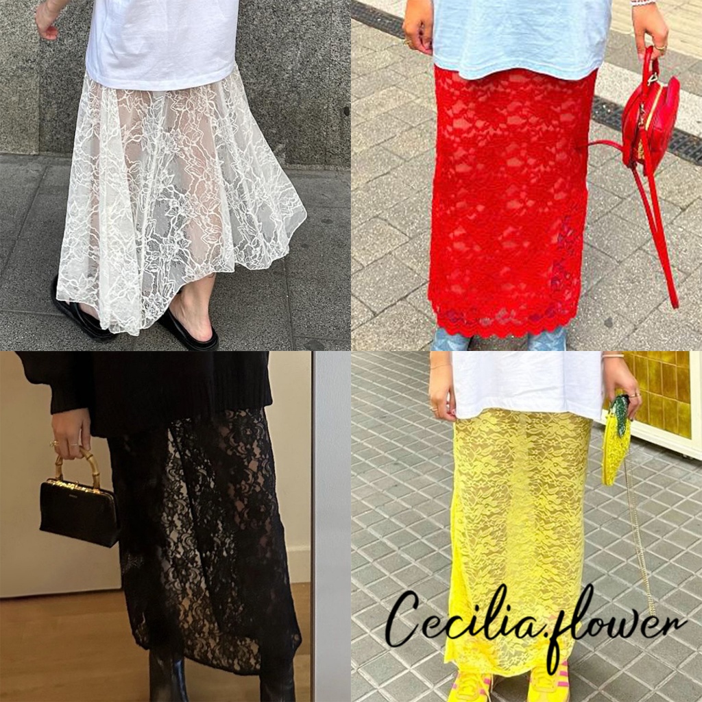 Váy dài ren nữ Váy Midi xuyên thấu thanh lịch eo thấp ôm vừa vặn màu trơn phong cách Hàn Quốc Xu hướng nóng gợi cảm