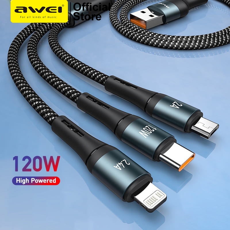 Ảnh Cáp sạc nhanh Awei CL-972 3 trong 1USB sang M + C + L Type C Sạc siêu nhanh 120W 1.2M Nylon Bradied 1