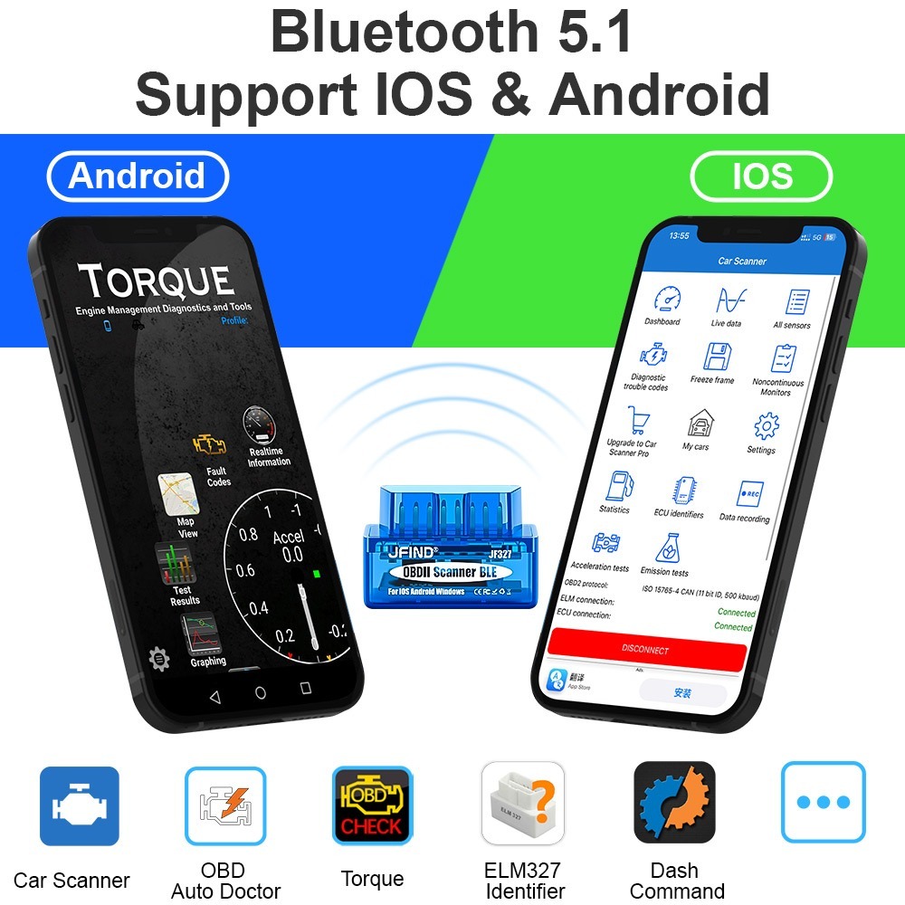 Máy quét JFIND JF327 OBD2 ELM327 Bluetooth 5.1 Đầu đọc mã lỗi cho Yamaha 3/4-Pin, Honda 6-Pin sang 16-Pin, cáp nối dài xe máy
