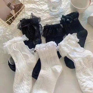 💕Dreamy💕Tất vớ cao cổ nữ phối ren đính nơ Jengiang cotton co giãn thoáng khí phong cách nữ sinh lolita y2k Nhật Bản