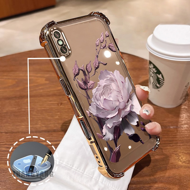 Ốp Lưng Cho iPhone X Xs Xr Xs Max Bốn Góc Mạ Điện Chống Rơi Vỏ Điện Thoại Hoạt Hình Thẩm Mỹ Họa Tiết Sen TPU Mềm