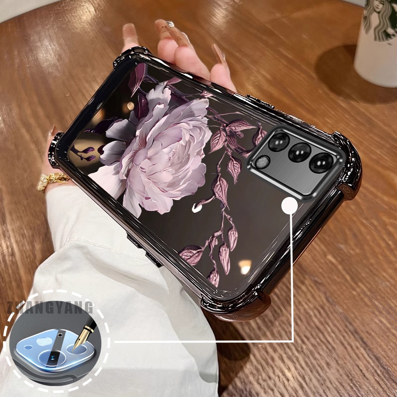 Ốp Lưng Cho OPPO A74 4G A95 4G Vỏ Điện Thoại Chống Rơi Mạ Điện Bốn Góc Thẩm Mỹ Họa Tiết Hoa Sen TPU Mềm