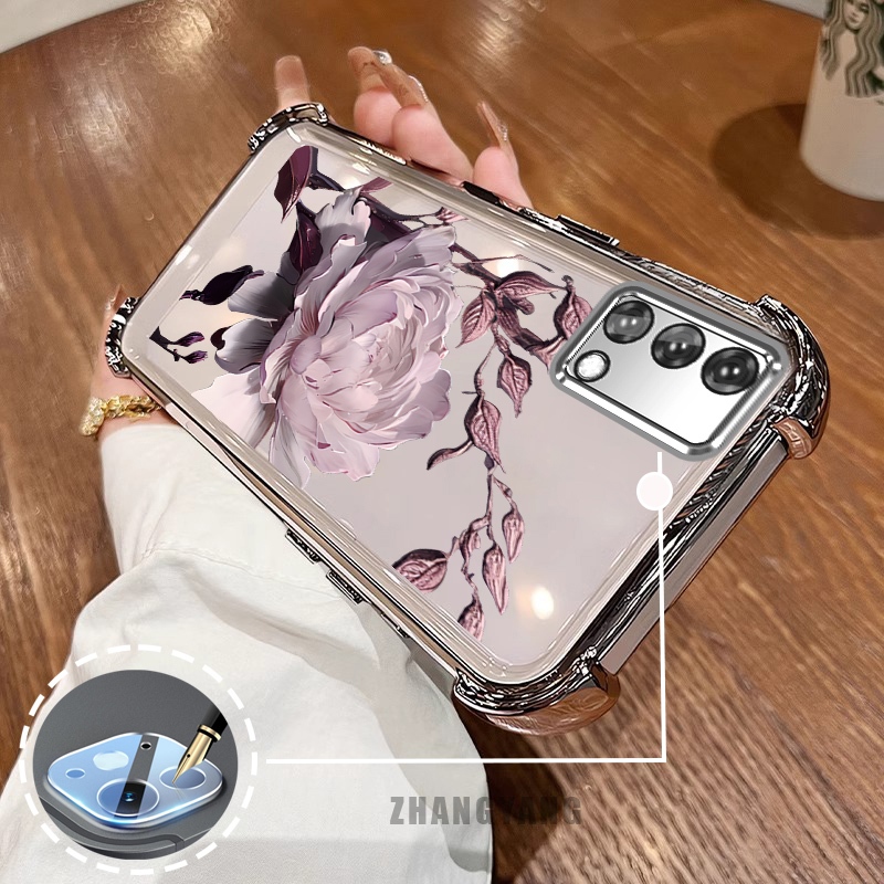 Ốp Lưng Cho OPPO A74 4G A95 4G Vỏ Điện Thoại Chống Rơi Mạ Điện Bốn Góc Thẩm Mỹ Họa Tiết Hoa Sen TPU Mềm